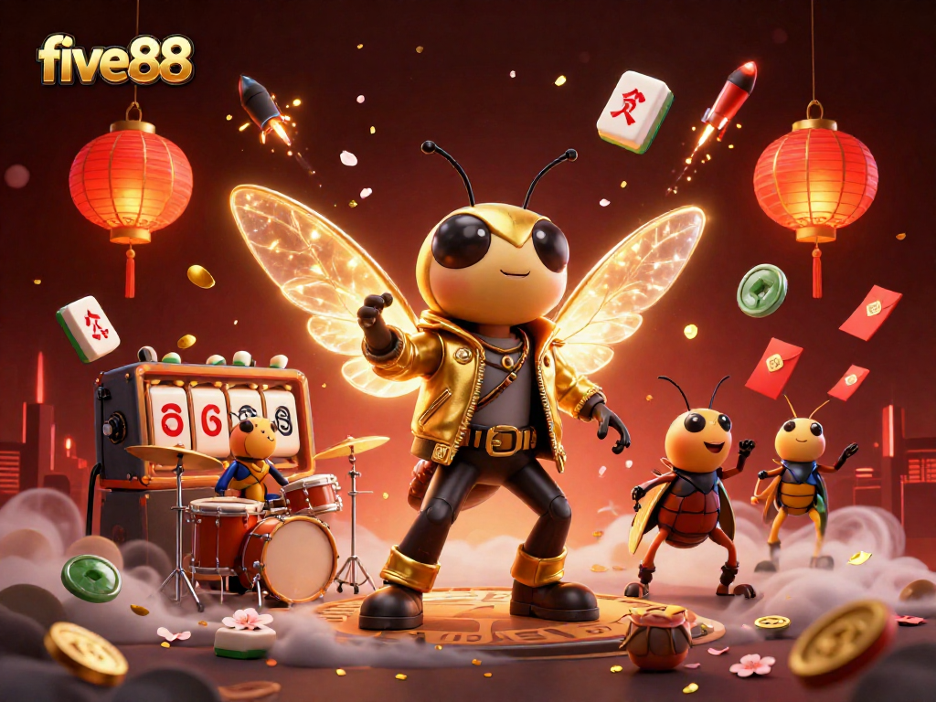 Experience the excitement of five88 with a lively 3D illustration showcasing vibrant casino elements.