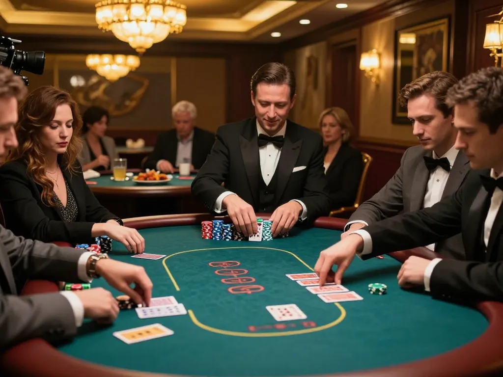 Players enjoying an intense round of poker at LC88 casino with dealer shuffling cards.