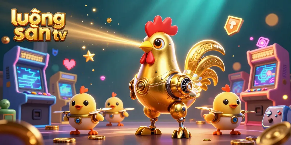 Engage with lương sơn tv's colorful casino gaming scene featuring a dynamic golden rooster robot.