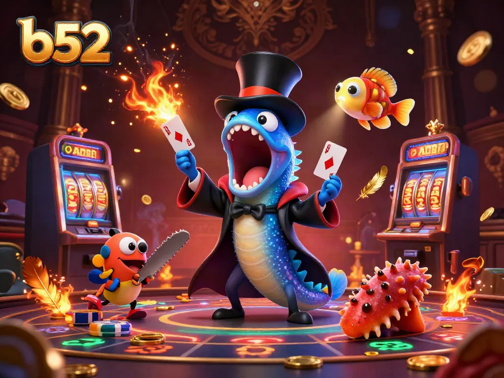 Experience thrilling games at b52 Club with vibrant casino illustrations featuring slot machines and enchanting characters.