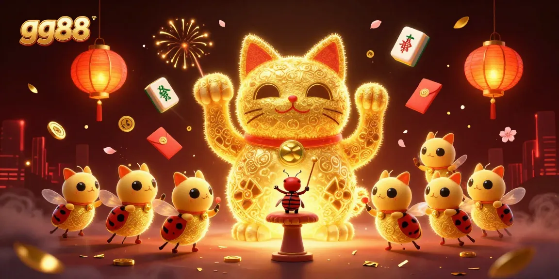 Experience winning with gg88's lucky cat amidst vibrant casino symbols in high-quality 3D.