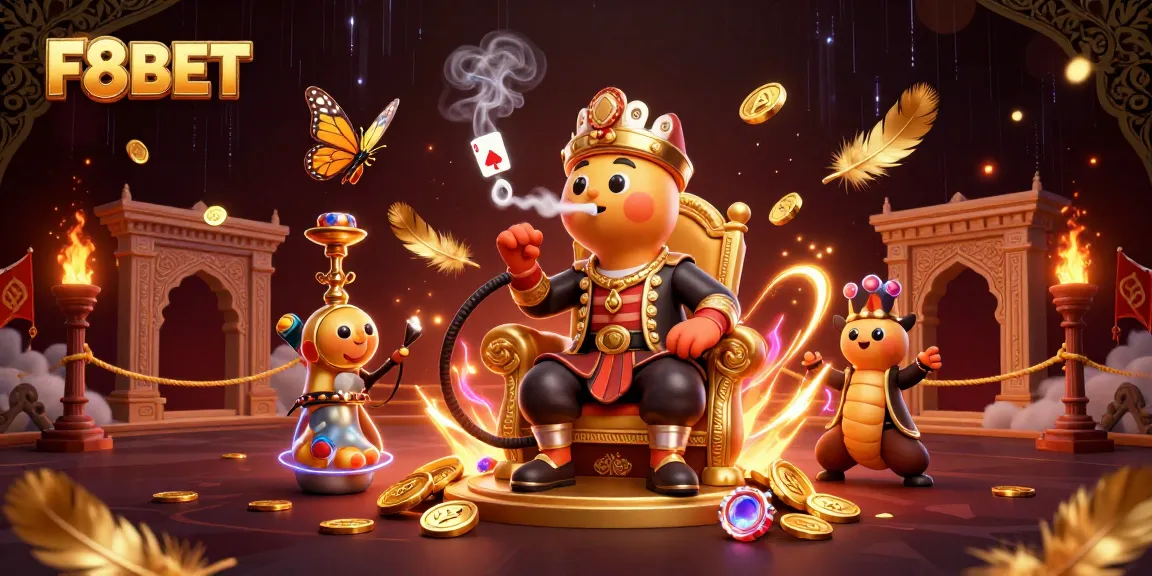 Engage with F8BET's vibrant 3D casino scene featuring a caterpillar hookah-master and gambling elements.