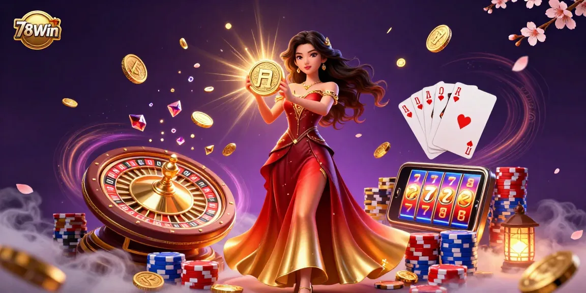 Experience thrilling gaming at 78Win with a stunning casino illustration showcasing exciting elements and a beautiful protagonist.