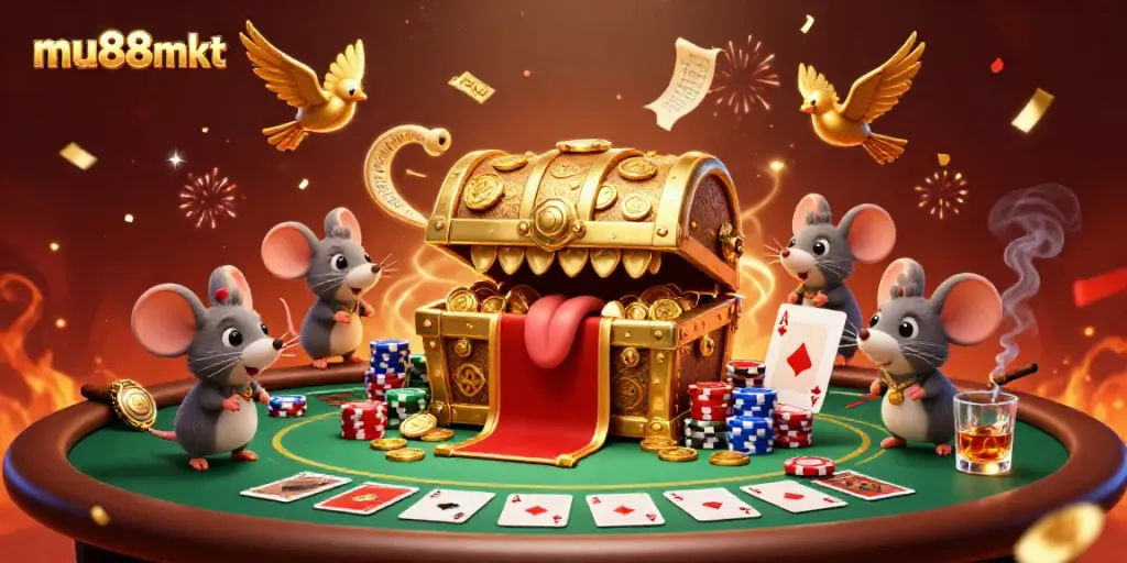 Experience the thrill of mu88mkt with a treasure chest luring adventurer mice amidst vibrant casino scenes.