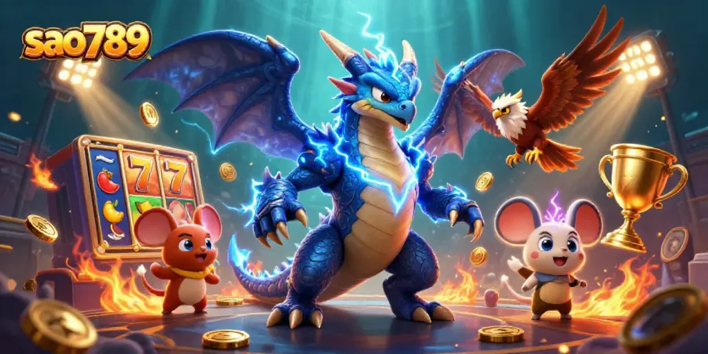 Experience thrilling slot action with sa0789, featuring a dynamic 3D dragon and vibrant gaming elements.