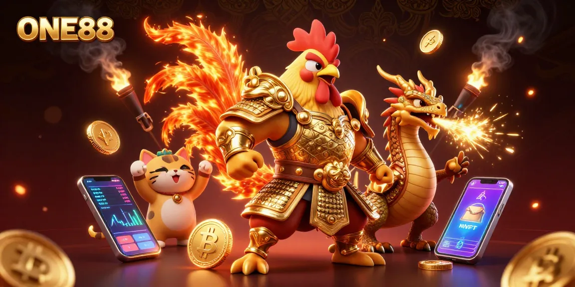 Experience thrilling gameplay with ONE88 featuring a colorful scene of a mythical rooster warrior and dragon.