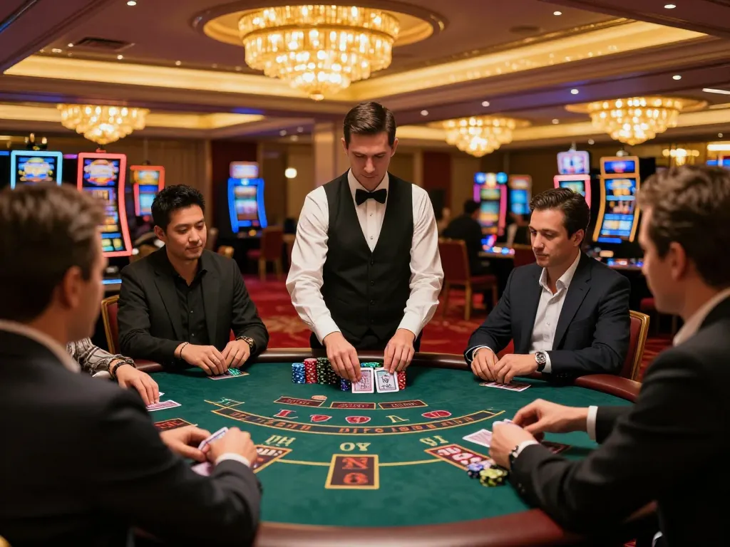78WIN blackjack table with engaged players and dealer in a luxurious casino ambiance.