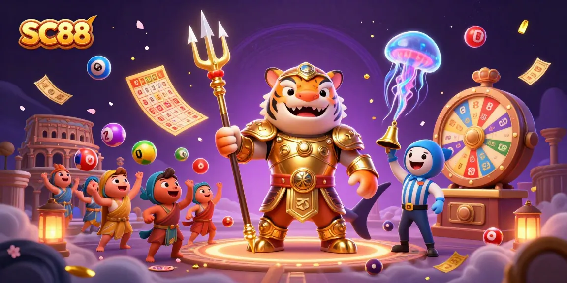 Engage in thrilling action with SC88's dynamic underwater casino illustration featuring vibrant lottery elements.