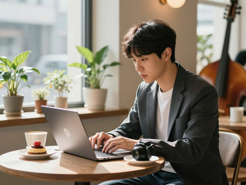 강남토닥이에 대한 블로그 포스팅을 작성하는 편안한 카페 풍경