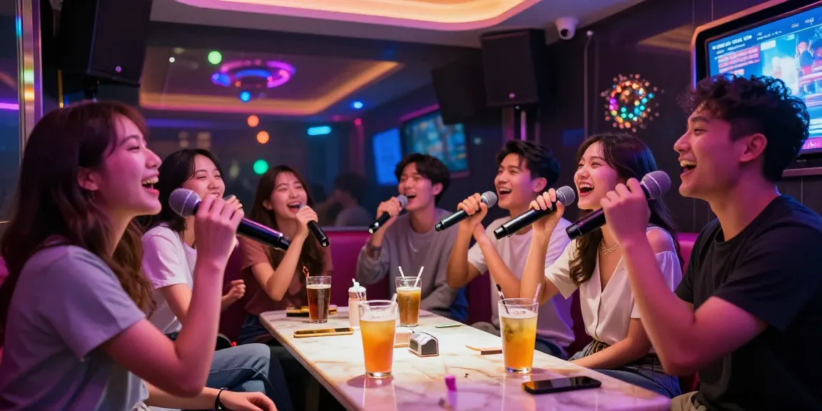 강남도파민에서 친구들과 즐겁게 노래하는 모습을 담은 현대적인 가라오케 룸의 생동감 넘치는 풍경