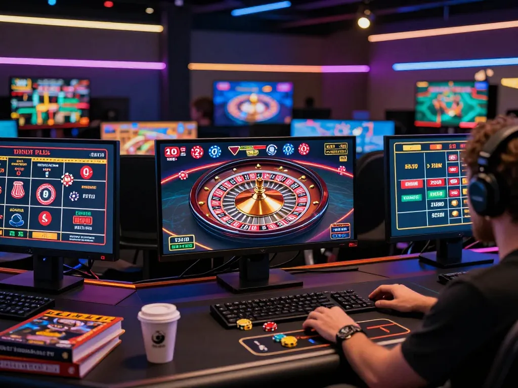 cm88 online gaming session with roulette wheel and strategic betting setup in modern workspace