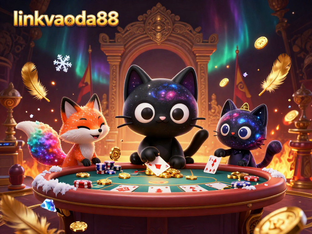 linkvaoda88 showcases cosmic gaming with a black hole cat and nebula fox at a vibrant poker table