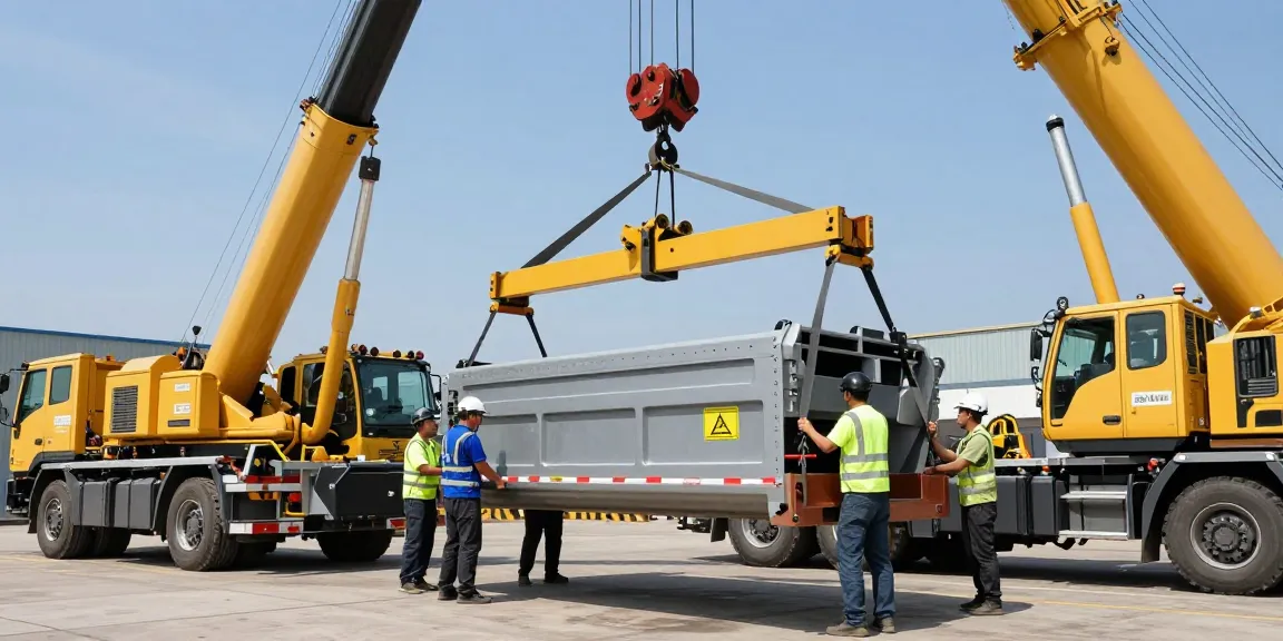 Machinery movers expertly rigging heavy equipment for relocation in a busy industrial setting.