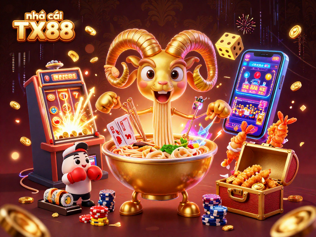 Engage in thrilling gameplay with nhà cái TX88 as characters deal cards and spin slots in an exciting casino scene.