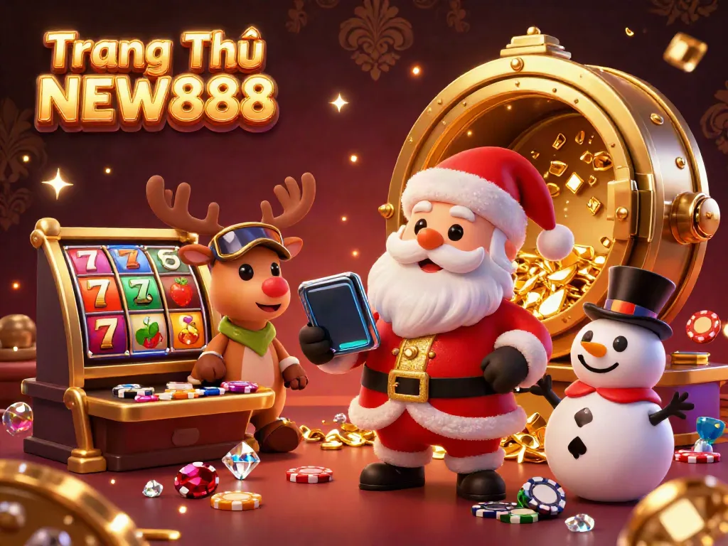 Engage with the festive spirit of Trang Chủ NEW888 in this vibrant casino scene showcasing Santa and friends amidst a jackpot atmosphere.