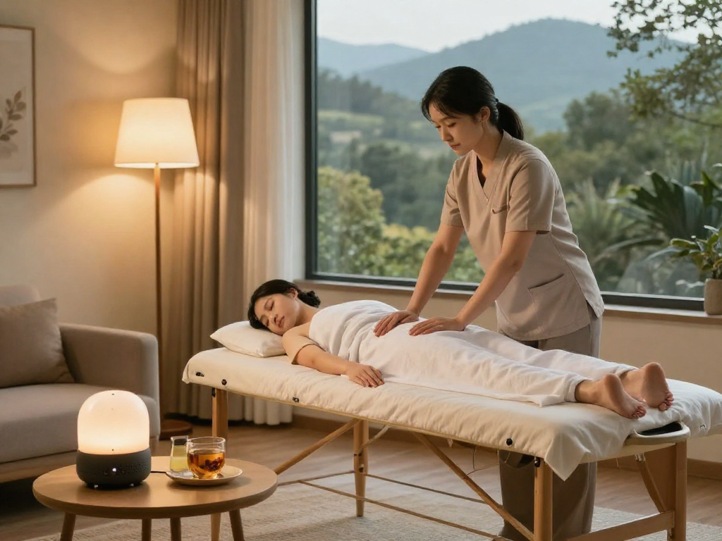 출장마사지 in a cozy living room with soothing ambiance and massage therapist.