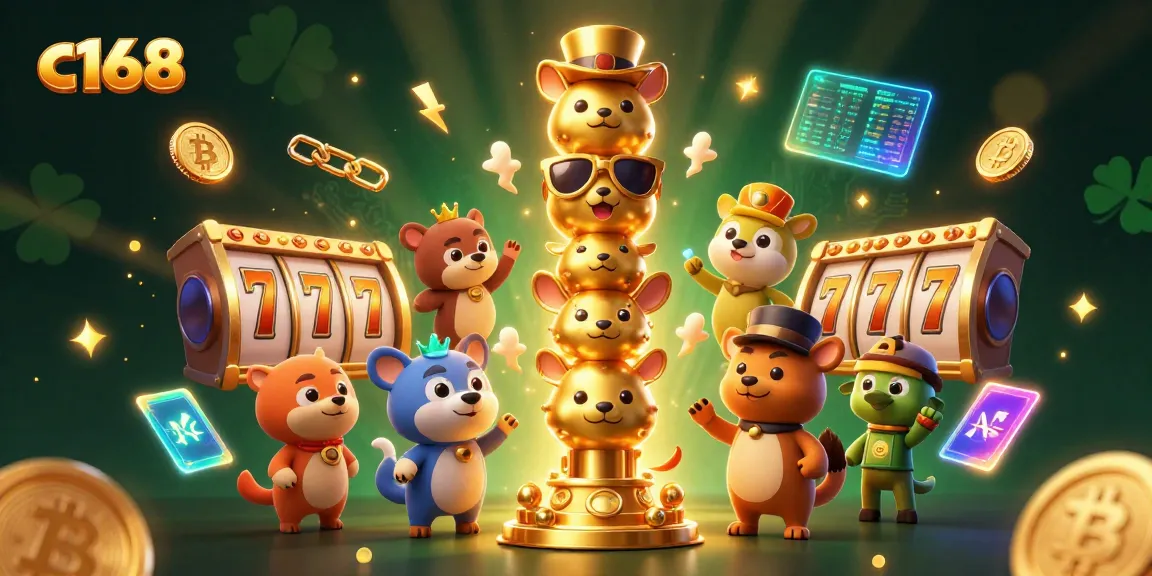 Engage with c168's dynamic gaming scene showcasing vibrant slot elements and cryptocurrencies bursting with energy.