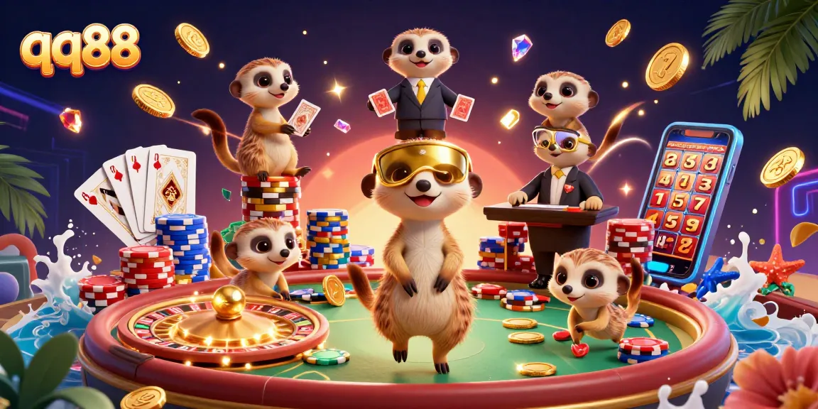 Experience thrilling moments at qq88 with playful meerkats in a vibrant casino scene