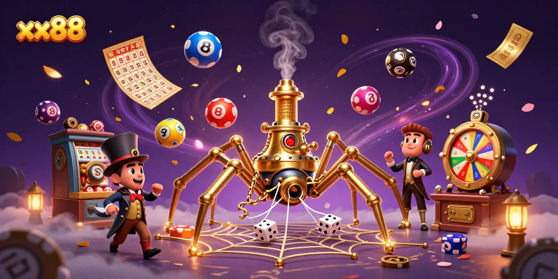 Catch exciting gameplay at xx88 with the steampunk spider illustration showcasing dynamic casino elements.