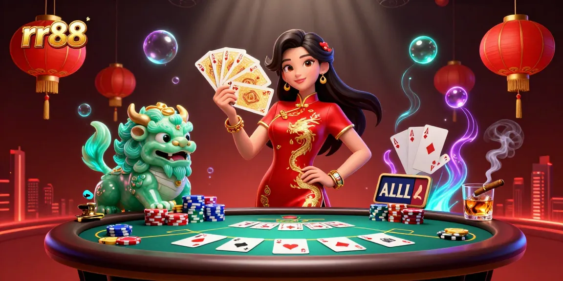 Play exciting casino games at rr88 with an elegant woman in a qipao dress, poker elements, and rich visuals.