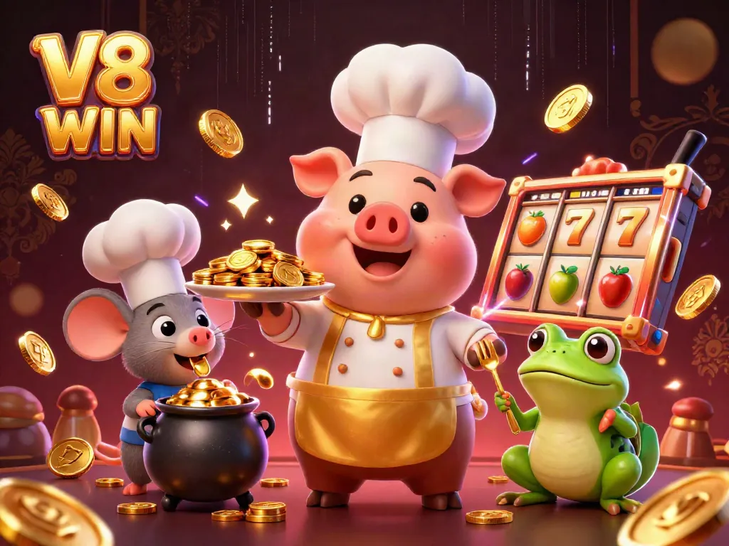 Experience the thrill of V8 WIN with a dynamic casino scene featuring delightful characters serving gold coins amidst vibrant slot machines.
