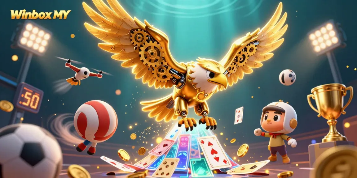 Winbox MY players enjoy thrilling gaming adventures illustrated with a cybernetic eagle and vibrant casino elements