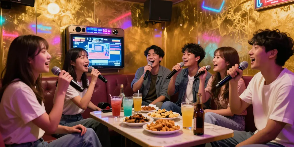 강남가라오케에서 친구들과 즐거운 시간을 보내는 모습, 화려한 조명과 함께하는 노래방 분위기.