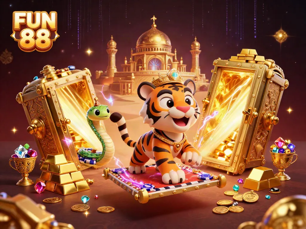 Engage with FUN 88: A vibrant 3D scene showcasing an Arabian Nights-themed sultan character surrounded by a treasure vault and jewels.