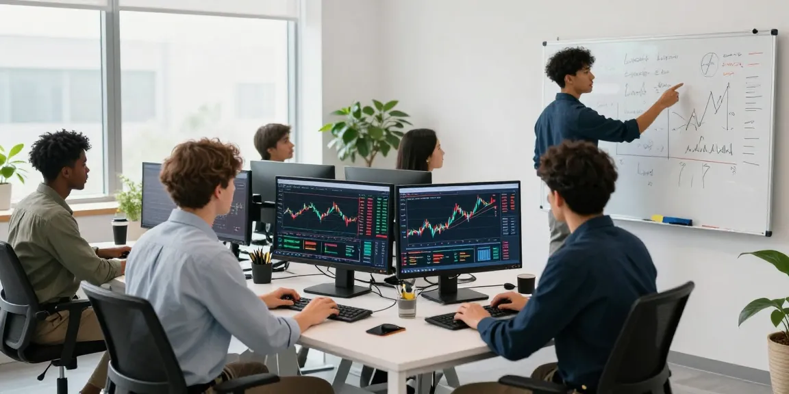 업투익스체인지 team collaborating on cryptocurrency trading strategies in a modern office.