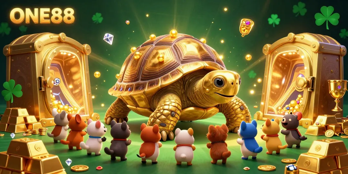 Experience gaming at ONE88 with an exciting 3D illustration of a golden tortoise pinball machine and treasures.