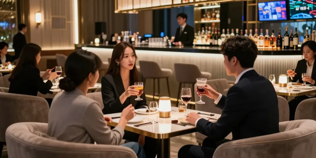 강남 타이밍의 고급스러운 나이트라이프 공간에서 친구들과 음료를 즐기는 모습