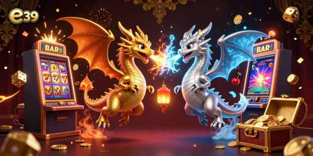 Engage with thrilling e 39 casino action, featuring dynamic dragons and a burst of slot machine excitement.