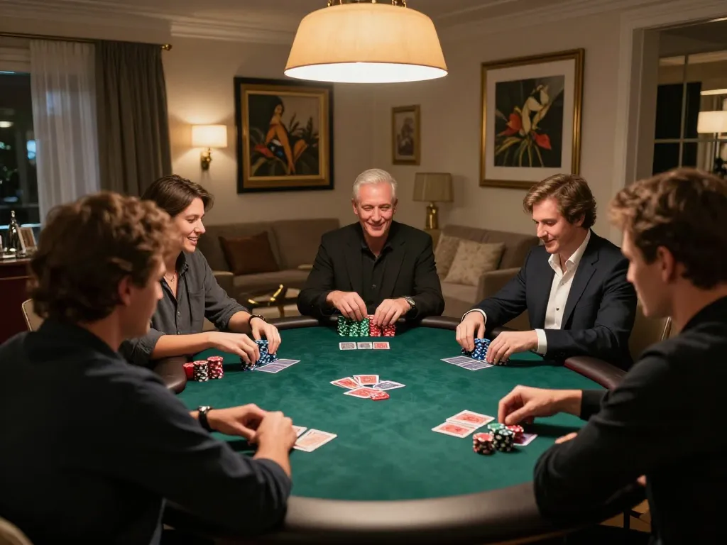 Engaged players enjoying an intense poker match overllwin table in a stylish home setting.