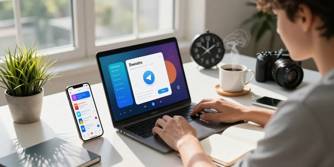 Download Telegram app on a sleek laptop in a modern workspace.