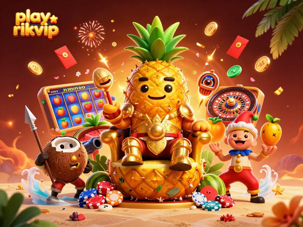 Engage in thrilling gambling action and play rikvip amidst vibrant casino symbols and characters.