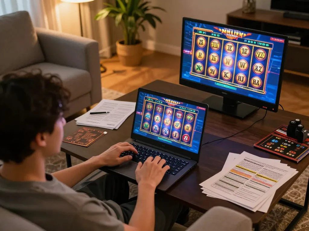 Nohuvn player enjoying a slot game on a laptop at home, blending strategy and entertainment in a cozy setting.