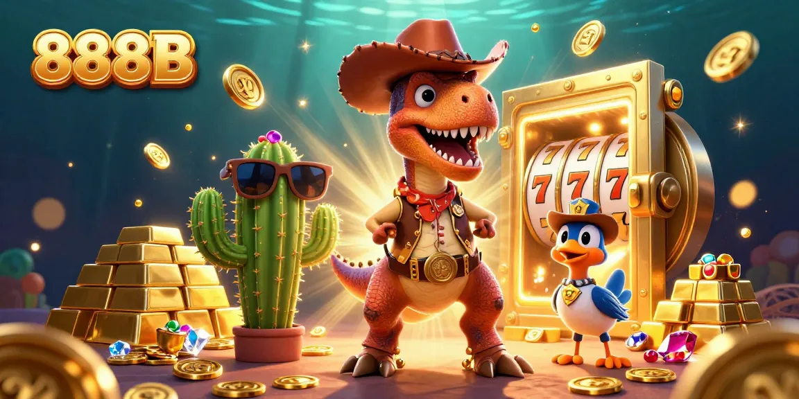 Experience the thrilling 888B casino adventure with a cartoon dinosaur and jackpot elements in a vibrant setting.