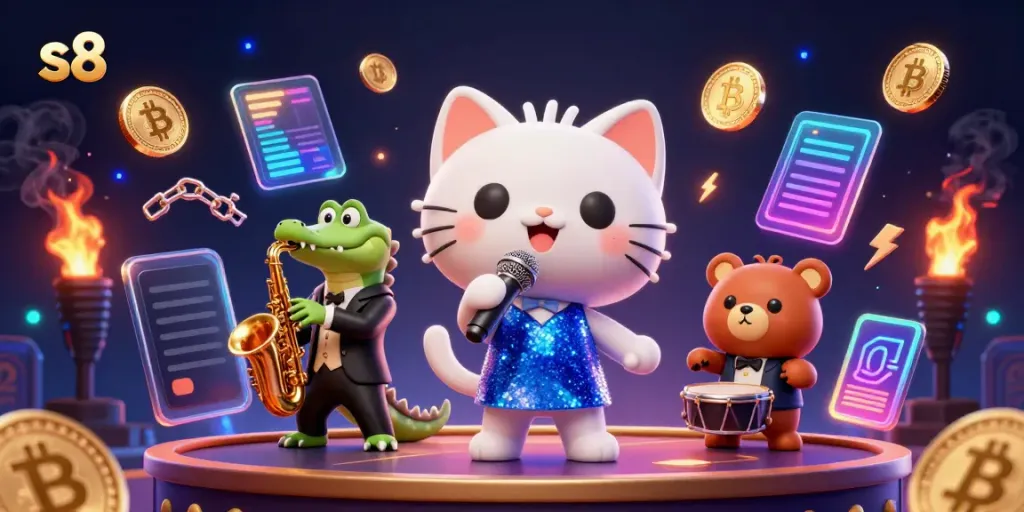 Engage with S8's vibrant casino scene featuring a jazzy cat, croc, and bear cub.