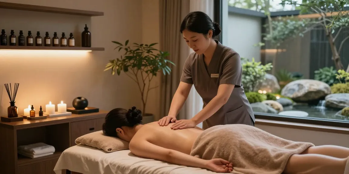 Indulge in premium 인천출장안마 at a serene spa featuring a soothing massage therapy scene with calming elements.