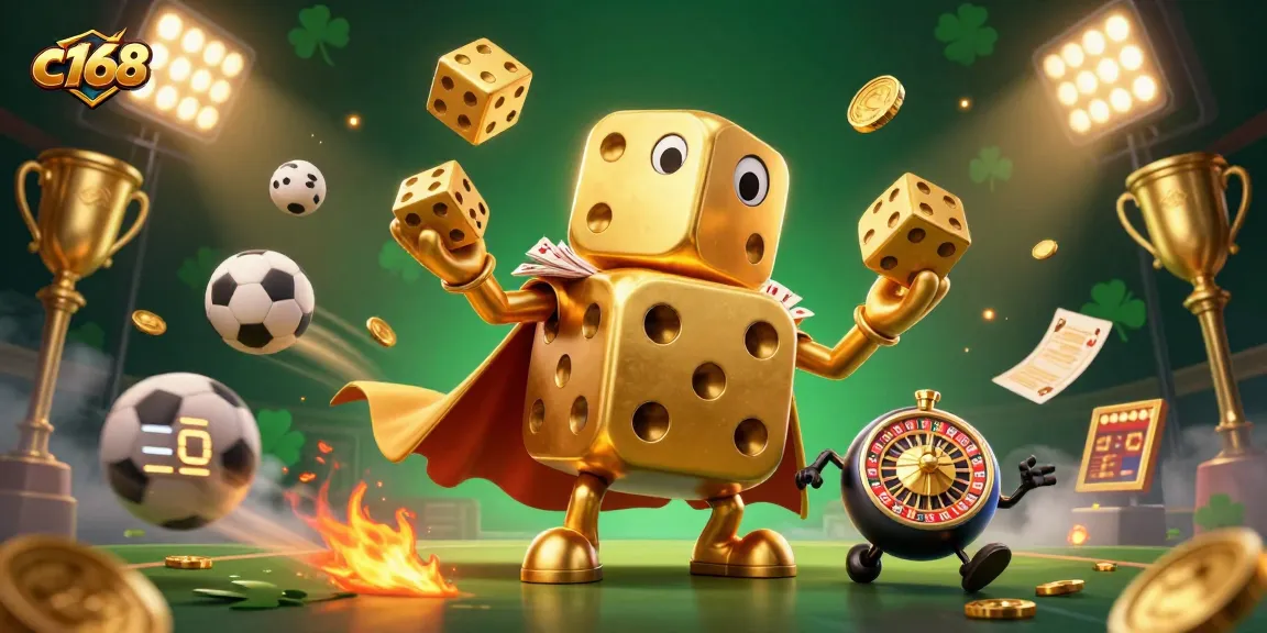 Engage exciting gameplay at c168 with dynamic golden dice, sports balls, and vibrant casino elements.