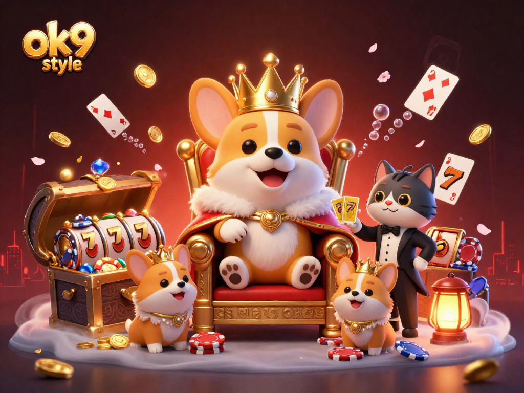 Engage in exciting gambling adventures with ok9 style as a corgi king sits on a poker chip throne.