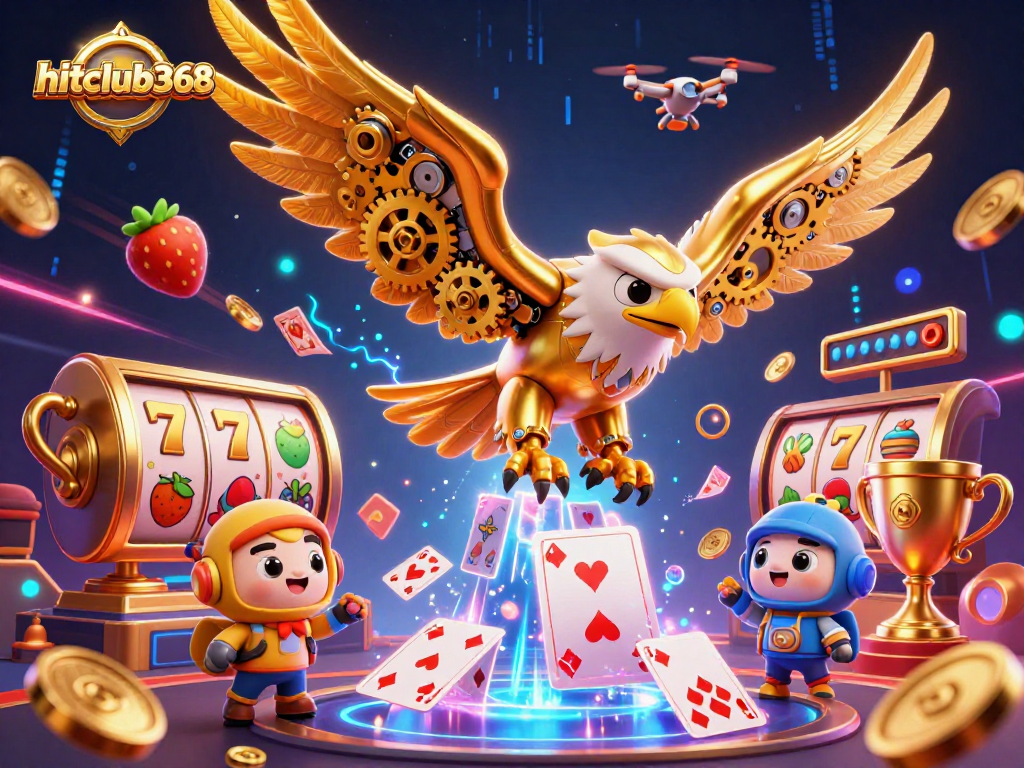 Experience hitclub368's thrilling slot games visual, with a cybernetic eagle amidst vivid casino elements.