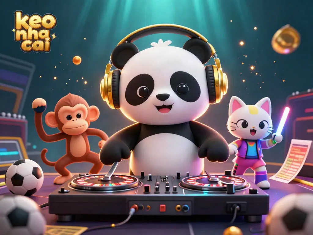 Engaging scene of keo nha cai featuring a DJ panda, breakdancing monkey, and playful kitten dynamically interacting in a sports betting atmosphere.