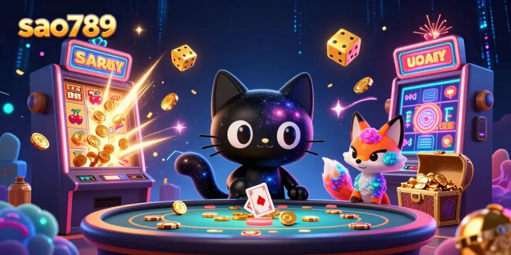 Sao789's engaging cosmic illustration of a black hole cat at a vibrant casino table, showcasing slots and interactive elements.