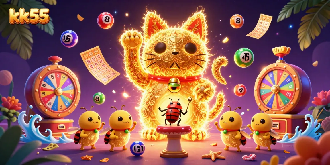 Engage with the vibrant kk55 experience, featuring a lucky cat amidst dynamic casino elements.