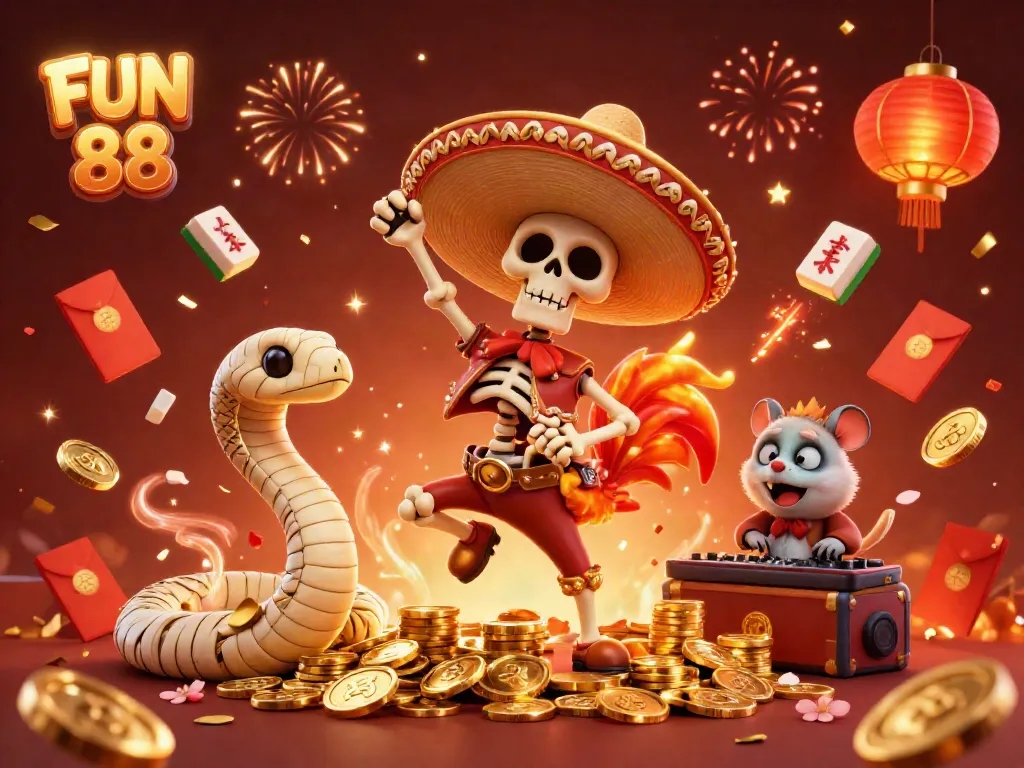 Experience the excitement at FUN 88 with a vibrant 3D illustration featuring animated characters and casino elements.