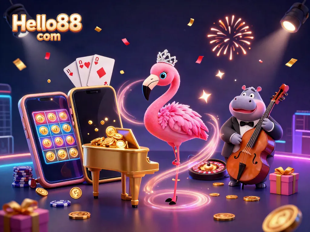 Experience the excitement of Hello88 com as colorful slot games and prizes explode in a casino party atmosphere.