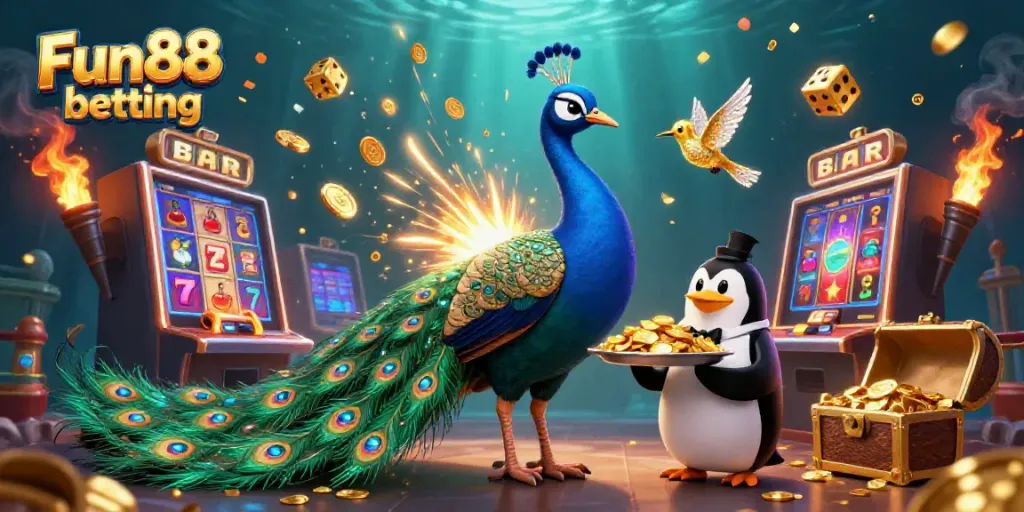 Experience Fun88 betting excitement with an opulent peacock and colorful casino action.