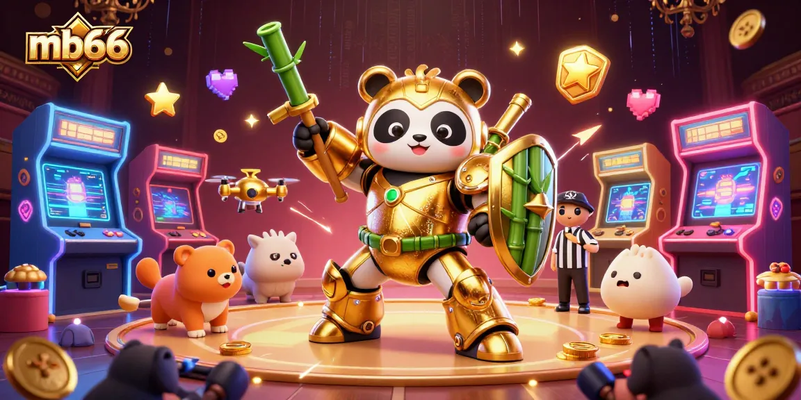 Engage with mb66 in an exciting cockfighting arena featuring a golden panda robot and arcade elements.