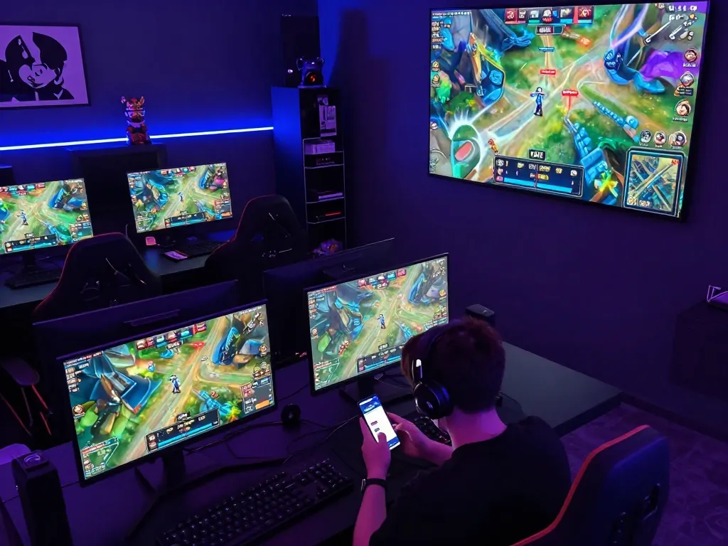 Engaging esports betting scene with strategic tr88 app usage and live game displays.
